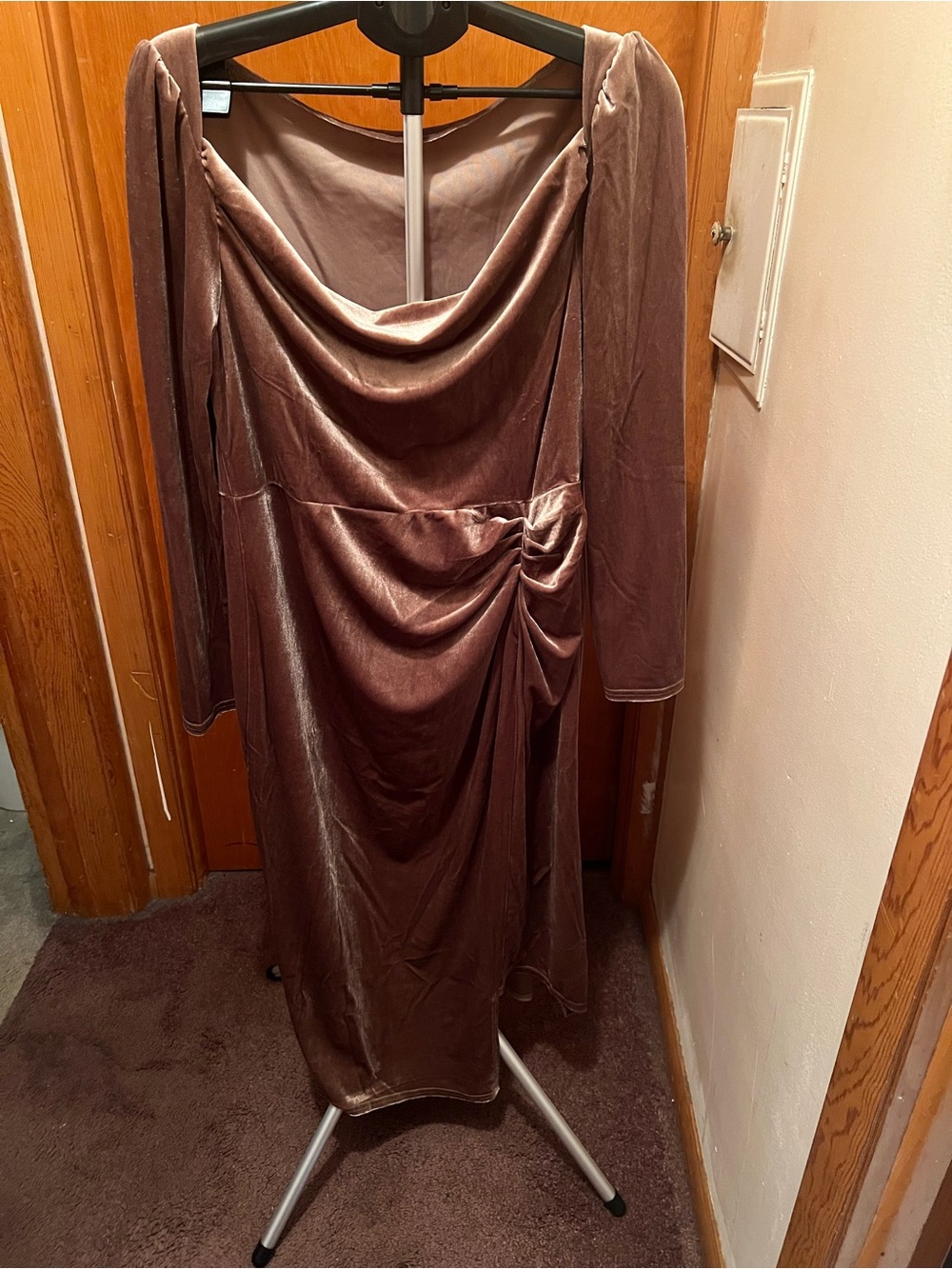 Velvet Draped Long Sleeve Midi Dress in Taupe